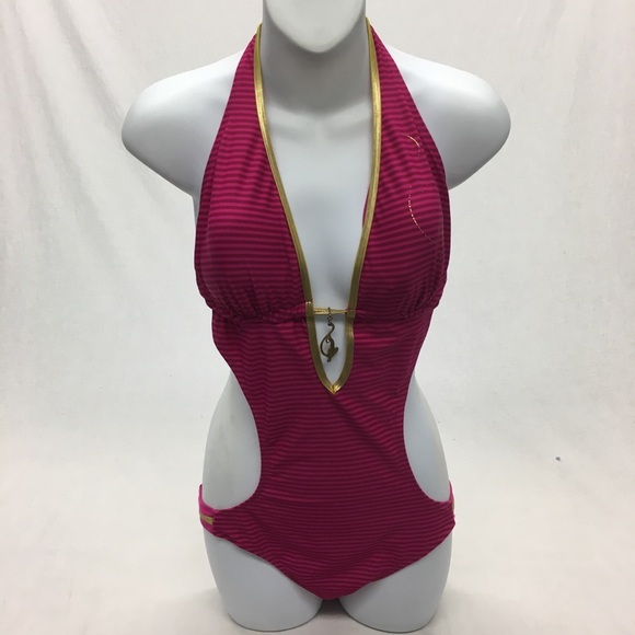 Baby Phat Other - BABY PHAT PINK STRIPED GOLD TRIMMED MONOKINI LARGE